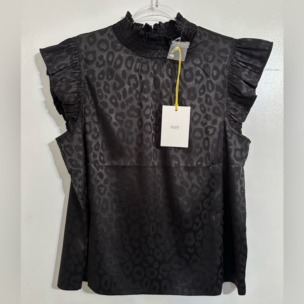 VOY Black Leopard Print Satin-Like Ruffle High Neck Blouse NWT - Picture 2 of 6
